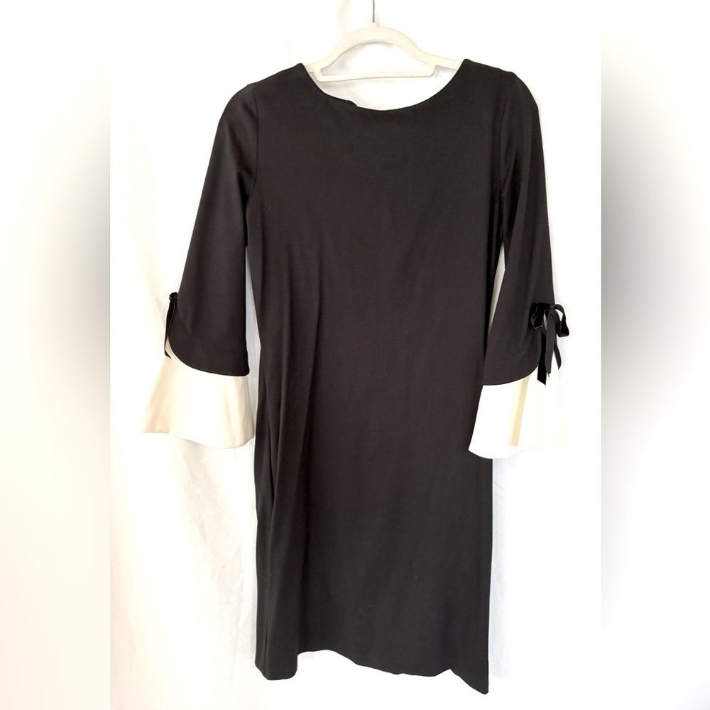 Sara Campbell Black Dress with Cream Bell Sleeves SMALL